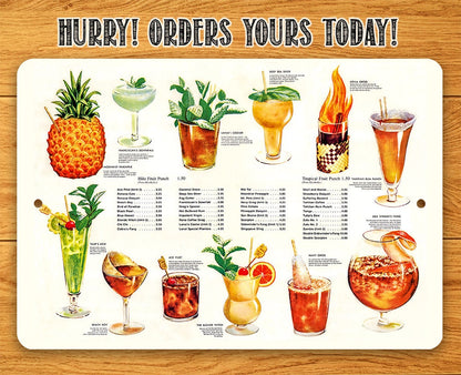 Tropical drink menu metal sign with 'Hurry! Orders yours today!' header and illustrated cocktails