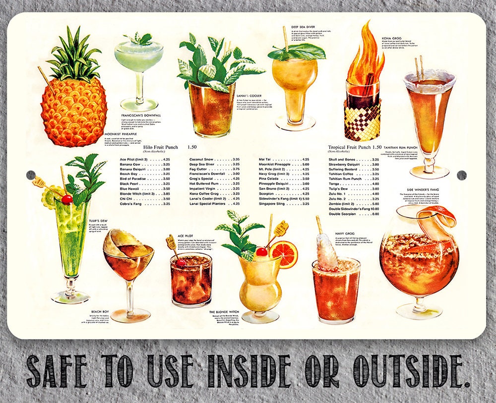 Tropical drink menu metal sign with 'Safe to use inside or outside' text along the bottom