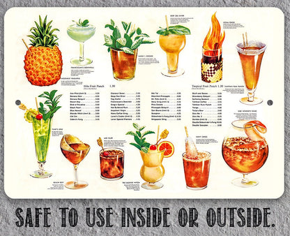 Tropical drink menu metal sign with 'Safe to use inside or outside' text along the bottom