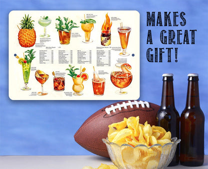 Metal sign with drink menu panel and 'Makes a great gift!' text, beside two wine bottles
