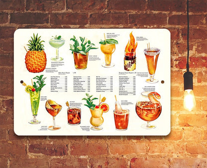 Tropical drink menu metal sign on brick wall, showing colorful cocktail illustrations and prices
