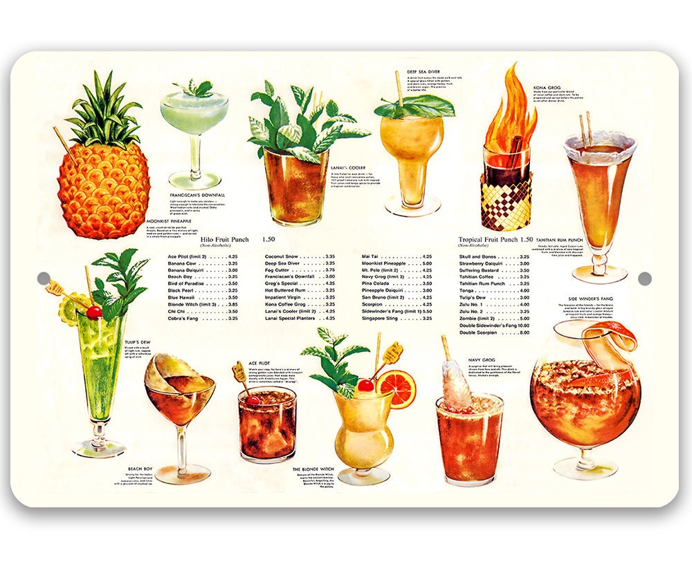 Tropical drink menu metal sign with illustrated cocktails and pineapple, white-framed border