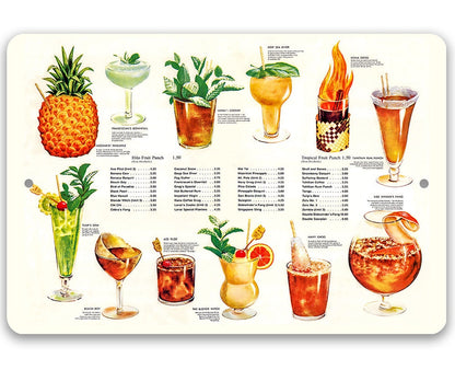 Tropical drink menu metal sign with illustrated cocktails and pineapple, white-framed border