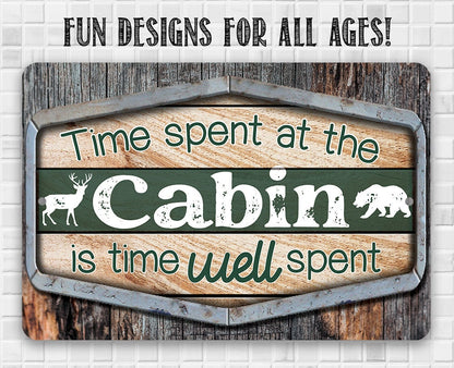 Cabin metal sign with fun design text “Fun designs for all ages” and green “Cabin” panel