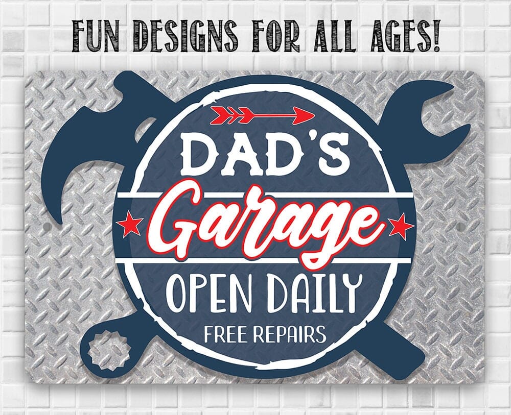 Blue 'Dad's Garage' open daily free repairs metal sign with diamond-plate background