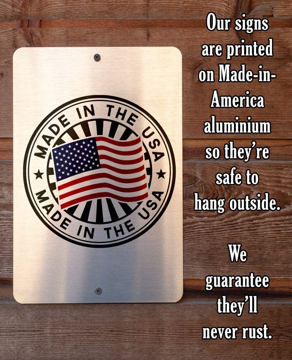Metal sign backplate with 'Made in USA' stamp and circular American flag design