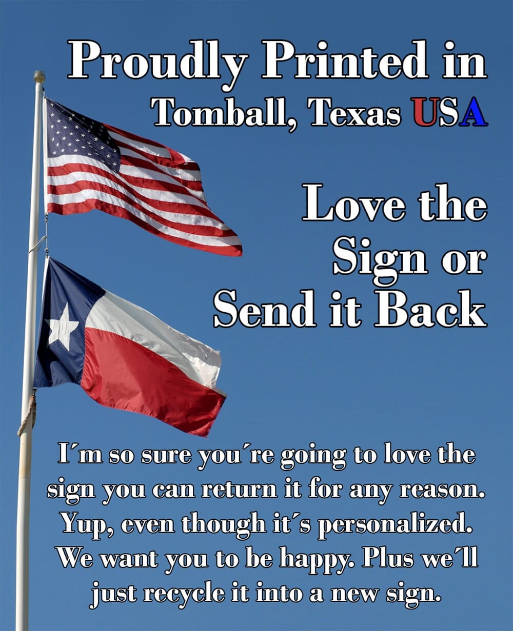 Metal sign with 'Love the Sign or Send it Back' text in bold typography