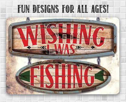 Metal fishing sign on white wall with text "Fun designs for all ages!"
